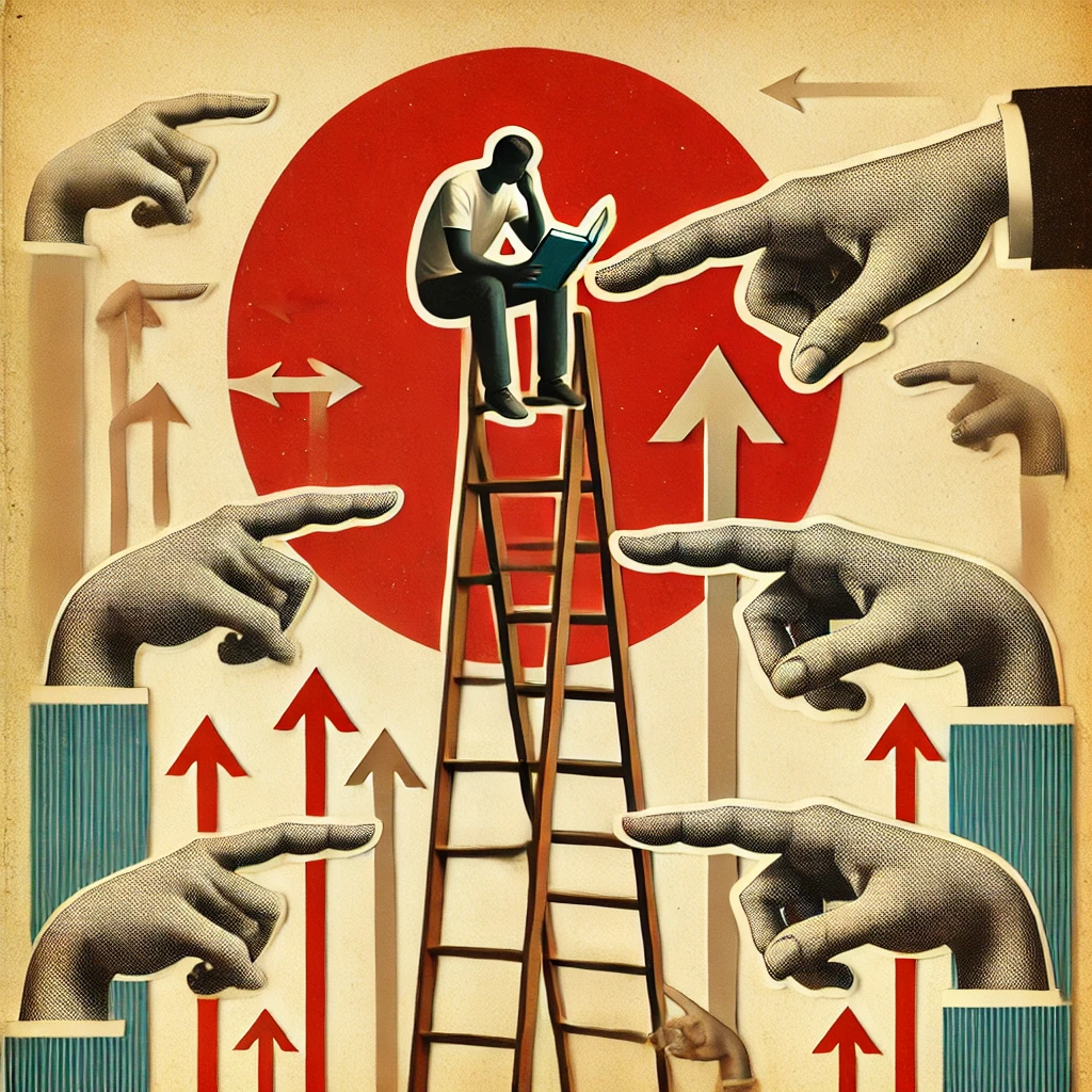 La imagen tiene un atributo ALT vacío; su nombre de archivo es DALLE-2024-11-19-11.37.13-A-surreal-and-artistic-collage-style-digital-artwork-featuring-a-conceptual-scene_-a-person-seated-on-top-of-a-ladder-reading-a-book-surrounded-by-l.webp