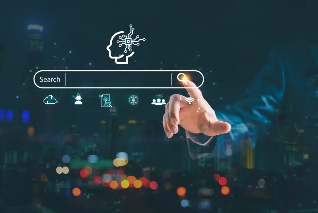 SEO para inteligencia artificial representado por un robot y un gráfico de búsqueda
