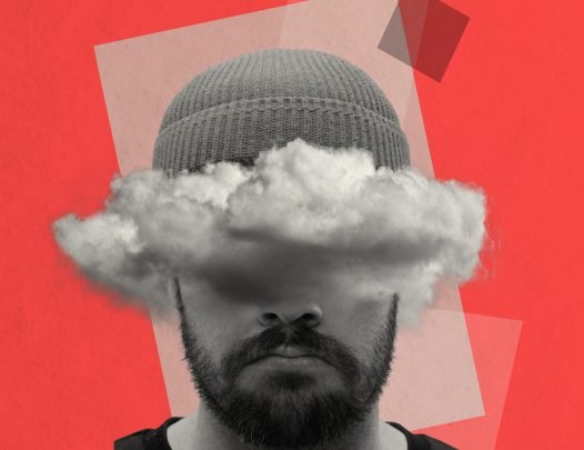 Mental problems in young people. Contemporary art collage. Inspiration, idea, aspiration and fantasy, dreams. Sad man with cloud instead eyes. Concept of mental health, inner world and emotions. Depression